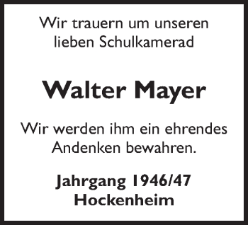 Traueranzeige von Walter Mayer von Schwetzinger Zeitung