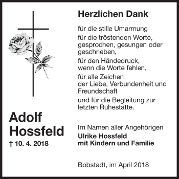 Traueranzeige von Adolf Hossfeld von Fränkische Nachrichten