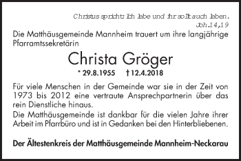 Traueranzeige von Christa Gröger von Mannheimer Morgen