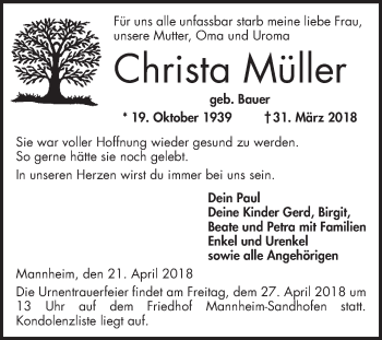 Traueranzeige von Christa Müller von Mannheimer Morgen