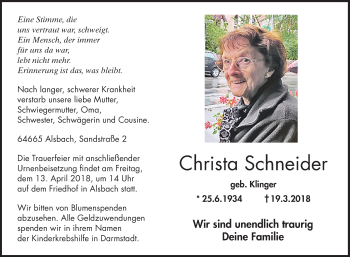 Traueranzeige von Christa Schneider von Bergsträßer Anzeiger