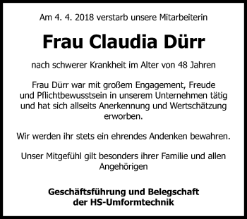 Traueranzeige von Claudia Dürr von Fränkische Nachrichten