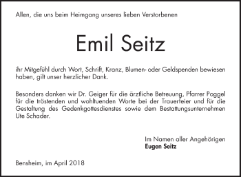 Traueranzeige von Emil Seitz von Bergsträßer Anzeiger