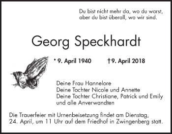 Traueranzeige von Georg Speckhardt von Bergsträßer Anzeiger