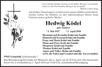 Traueranzeige von Hedwig Ködel von Fränkische Nachrichten