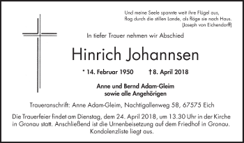 Traueranzeige von Hinrich Johannsen von Bergsträßer Anzeiger