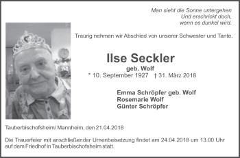 Traueranzeige von Ilse Seckler von Mannheimer Morgen