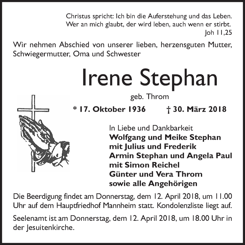  Traueranzeige für Irene Stephan vom 07.04.2018 aus Mannheimer Morgen