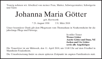 Traueranzeige von Johanna Maria Götter von Mannheimer Morgen