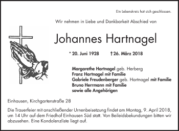 Traueranzeige von Johannes Hartnagel von Bergsträßer Anzeiger