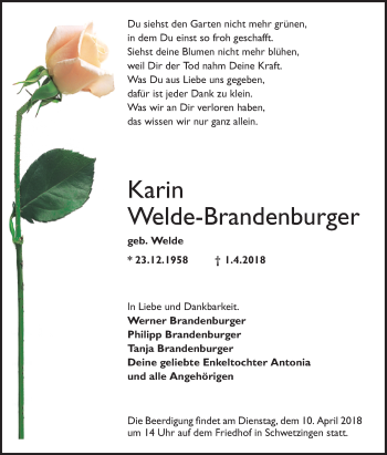 Traueranzeige von Karin Welde-Brandenburger von Schwetzinger Zeitung
