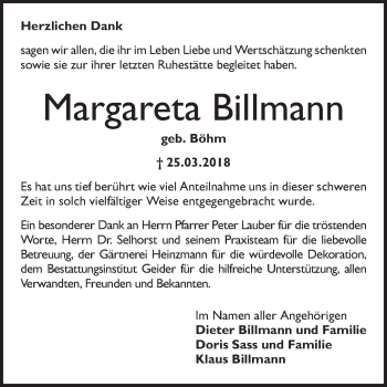 Traueranzeige von Margareta Billmann von Schwetzinger Zeitung