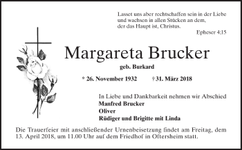 Traueranzeige von Margareta Brucker von Schwetzinger Zeitung