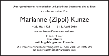 Traueranzeige von Marianne (Zippi) Kunze von Mannheimer Morgen