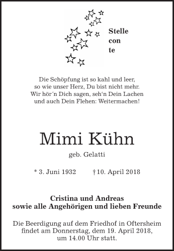 Traueranzeige von Mimi Kühn von Schwetzinger Zeitung