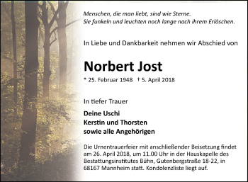 Traueranzeige von Norbert Jost von Mannheimer Morgen