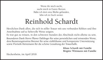 Traueranzeige von Reinhold Schardt von Schwetzinger Zeitung