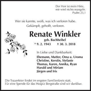 Traueranzeige von Renate Winkler von Bergsträßer Anzeiger