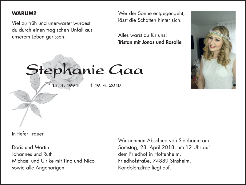  Traueranzeige für Stephanie Gaa vom 26.04.2018 aus Schwetzinger Zeitung