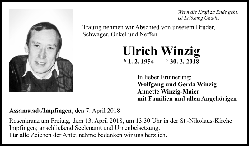  Traueranzeige für Ulrich Winzig vom 07.04.2018 aus Fränkische Nachrichten
