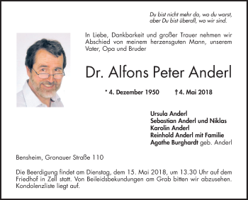 Traueranzeige von Alfons Peter Anderl von Bergsträßer Anzeiger
