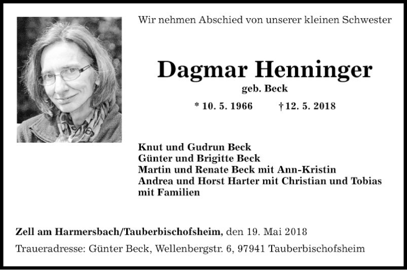  Traueranzeige für Dagmar Henninger vom 19.05.2018 aus Fränkische Nachrichten