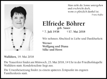 Traueranzeige von Elfriede Böhrer von Fränkische Nachrichten