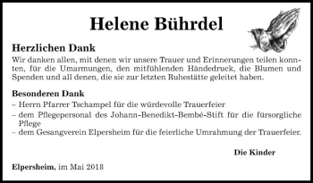 Traueranzeige von Helene Bührdel von Fränkische Nachrichten