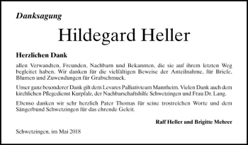 Traueranzeige von Hildegard Heller von Schwetzinger Zeitung