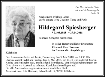 Traueranzeige von Hildegard Spiesberger von Fränkische Nachrichten