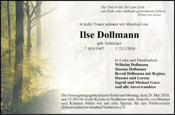 Traueranzeige von Ilse Dollmann von Fränkische Nachrichten