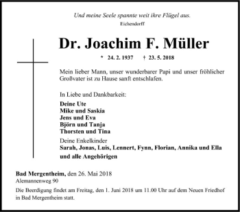 Traueranzeige von Joachim F. Müller von Fränkische Nachrichten
