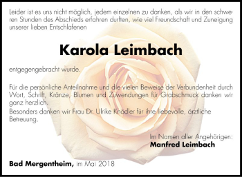 Traueranzeige von Karola Leimbach von Fränkische Nachrichten