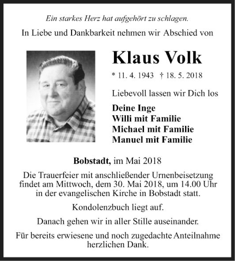  Traueranzeige für Klaus Volk vom 28.05.2018 aus Fränkische Nachrichten
