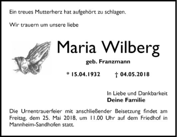 Traueranzeige von Maria Wilberg von Mannheimer Morgen