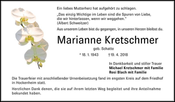 Traueranzeige von Marianne Kretschmer von Schwetzinger Zeitung