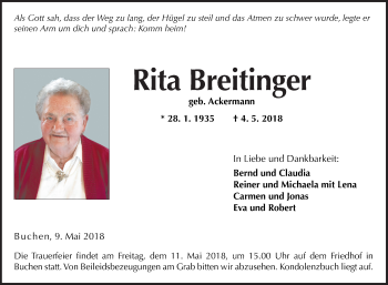 Traueranzeige von Rita Breitinger von Fränkische Nachrichten