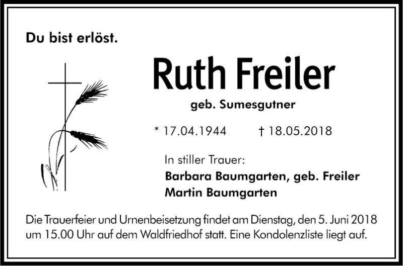  Traueranzeige für Ruth Freier vom 30.05.2018 aus Südhessen Morgen