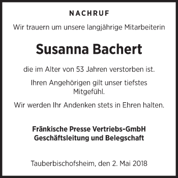 Traueranzeige von Susanna Bachert von Fränkische Nachrichten