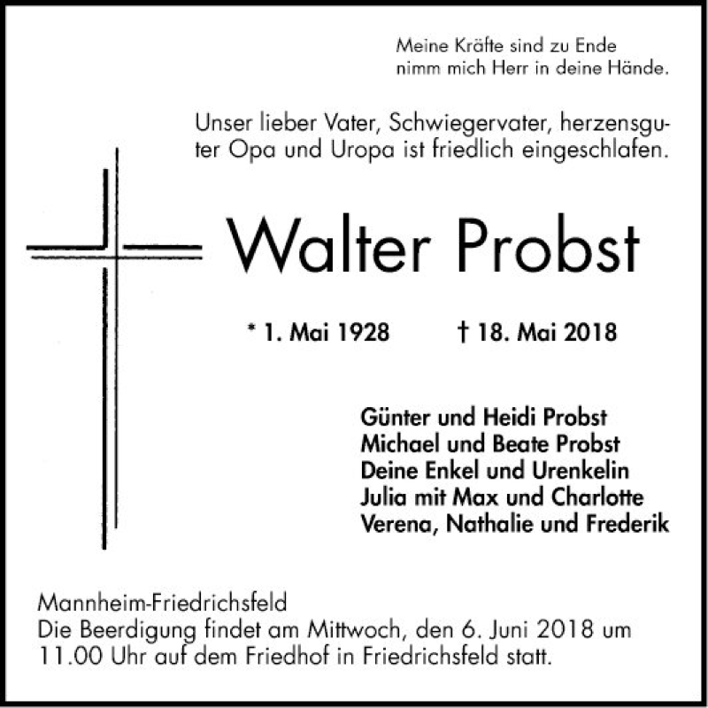  Traueranzeige für Walter Probst vom 30.05.2018 aus Mannheimer Morgen
