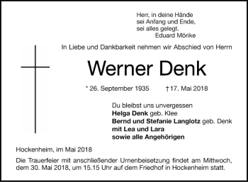 Traueranzeige von Werner Denk von Schwetzinger Zeitung