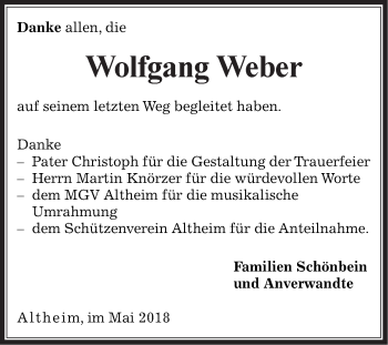 Traueranzeige von Wolfgang Weber von Fränkische Nachrichten