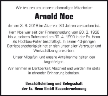 Traueranzeige von Arnold Noe von Fränkische Nachrichten