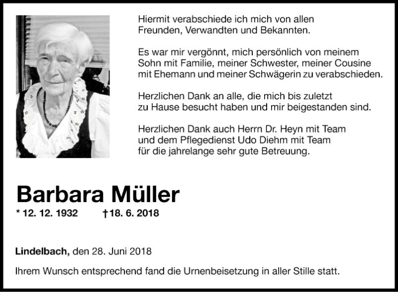  Traueranzeige für Barbara Müller vom 28.06.2018 aus Fränkische Nachrichten