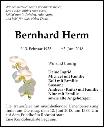 Traueranzeige von Bernhard Herm von Schwetzinger Zeitung