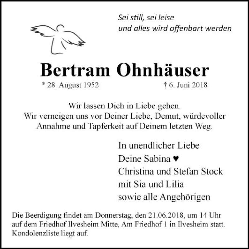  Traueranzeige für Bertram Ohnhäuser vom 16.06.2018 aus Mannheimer Morgen