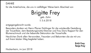 Traueranzeige von Brigitte Frey von Schwetzinger Zeitung