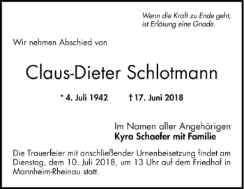 Traueranzeige von Claus-Dieter Schlotmann von Mannheimer Morgen