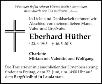 Traueranzeige von Eberhard Hüther von Fränkische Nachrichten