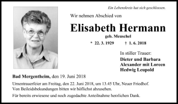 Traueranzeige von Elisabeth Hermann von Fränkische Nachrichten